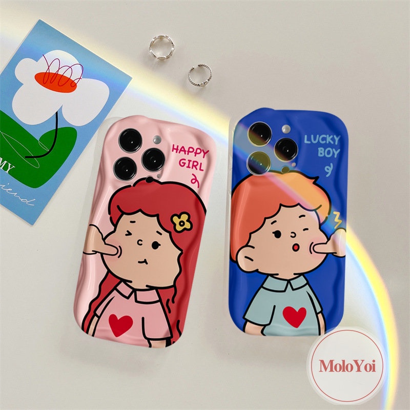 IPHONE Kartun Lucu Pasangan Gadis Bahagia Beruntung Boy Case Kompatibel Untuk Iphone6 7 6s 8plus11 14 12 13 Pro Max XR XS X Max SE 2020 Baru 3D Bergelombang Melengkung Tepi Telepon Lembut Tpu Pecinta Cover