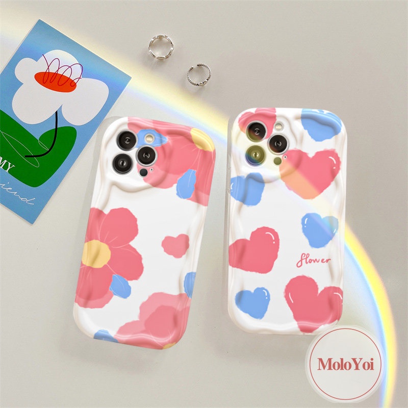 IPHONE Cream Lover Heart Blue Flowers Shockproof Case Kompatibel Untuk Iphone11 12 14 13 Pro Max8 7 6 6s Plus XR XS X Max SE 2020 3D Wavy Curved Edge Soft Tup Cover