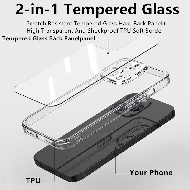 Casing Ponsel Bening TPU Tempered Glass Case Untuk iPhone 14 13 12 11 Pro Max7 8 14 plus XR XS MAX X Anti-Drop Case Lurus Sisi Penutup Belakang Kaca Bening Casing Ponsel