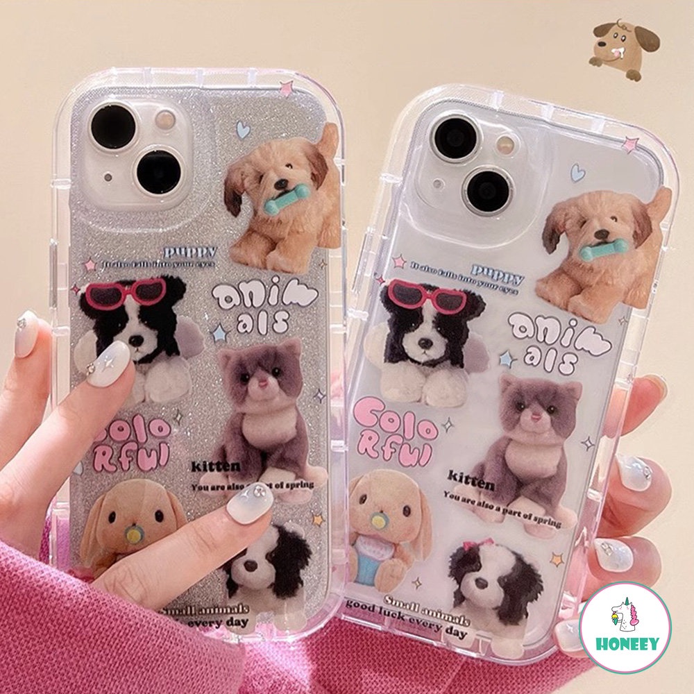 IPHONE Kawaii Plush Puppy Cat Rabbit Doll Casing Ponsel Bening Untuk Iphone14 13 12 11 Pro Max Kartun Lucu Dengan Penutup Ponsel Kartu Glitter