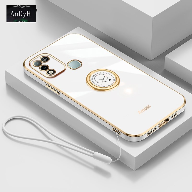 Andyh Casing Ponsel Silikon Ultra Tipis Untuk Infinix Hot 10play Hot 11play X688C X688B Deluxe Fall Protection Gold Band Dengan Jam Cincin Dan Lanyard Gratis