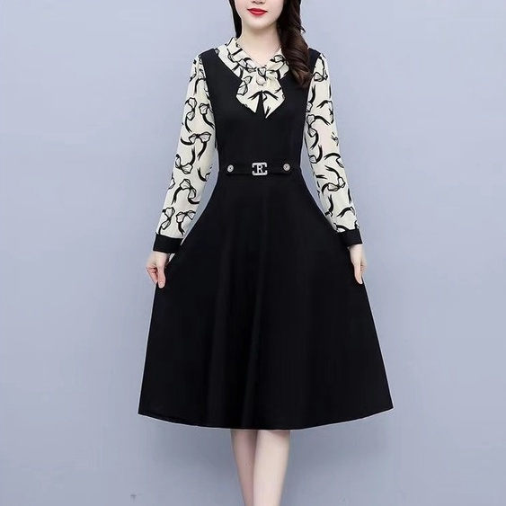 Midi Dress Hitam Premiu Big Size Dress Jumbo Casual Lengan Panjang  Black Dress Patchwork