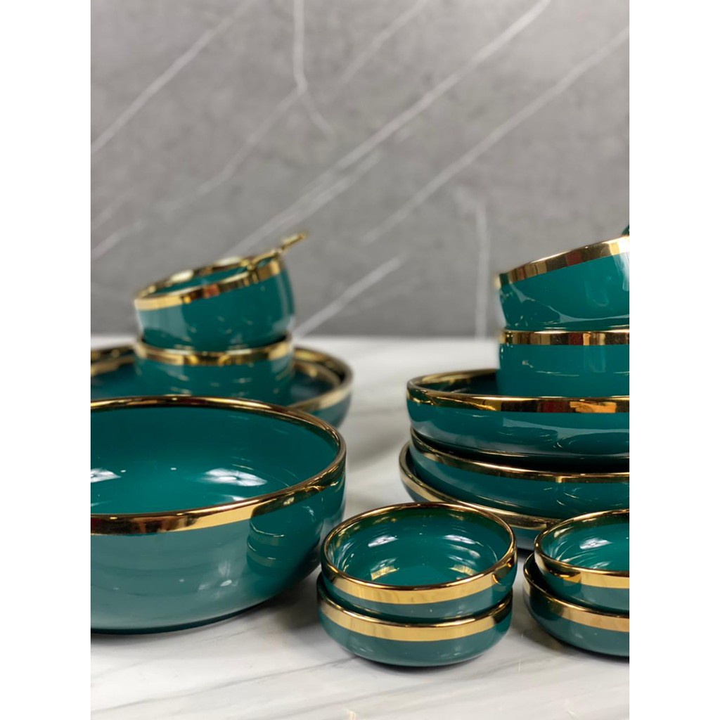 Piring Set 4 Orang Piring Makan Set Keramik Hijau Emerald Isi 18 Pcs / Piring Set Keramik List Emas 