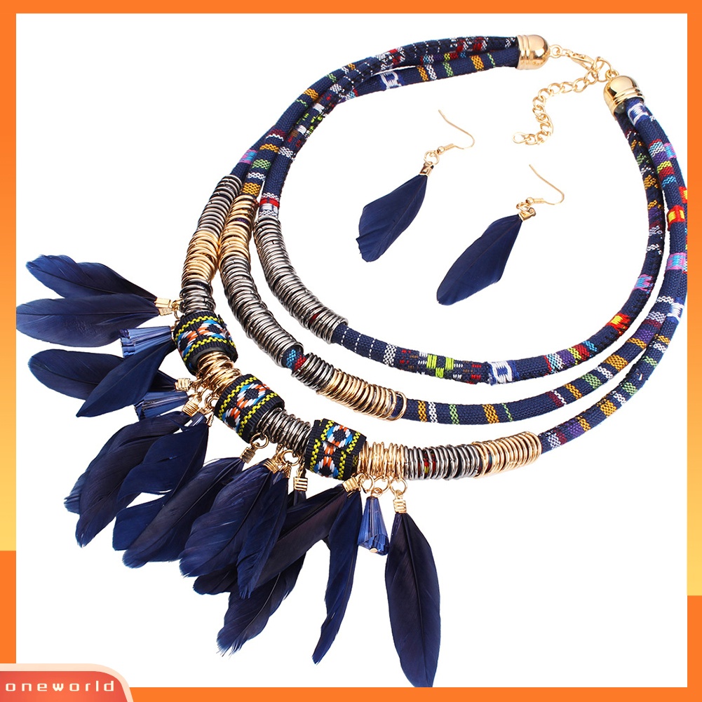 [ONE] 2 Pcs Bulu Rumbai Pesona Multilayer Choker Lady Statement Kalung Anting Set