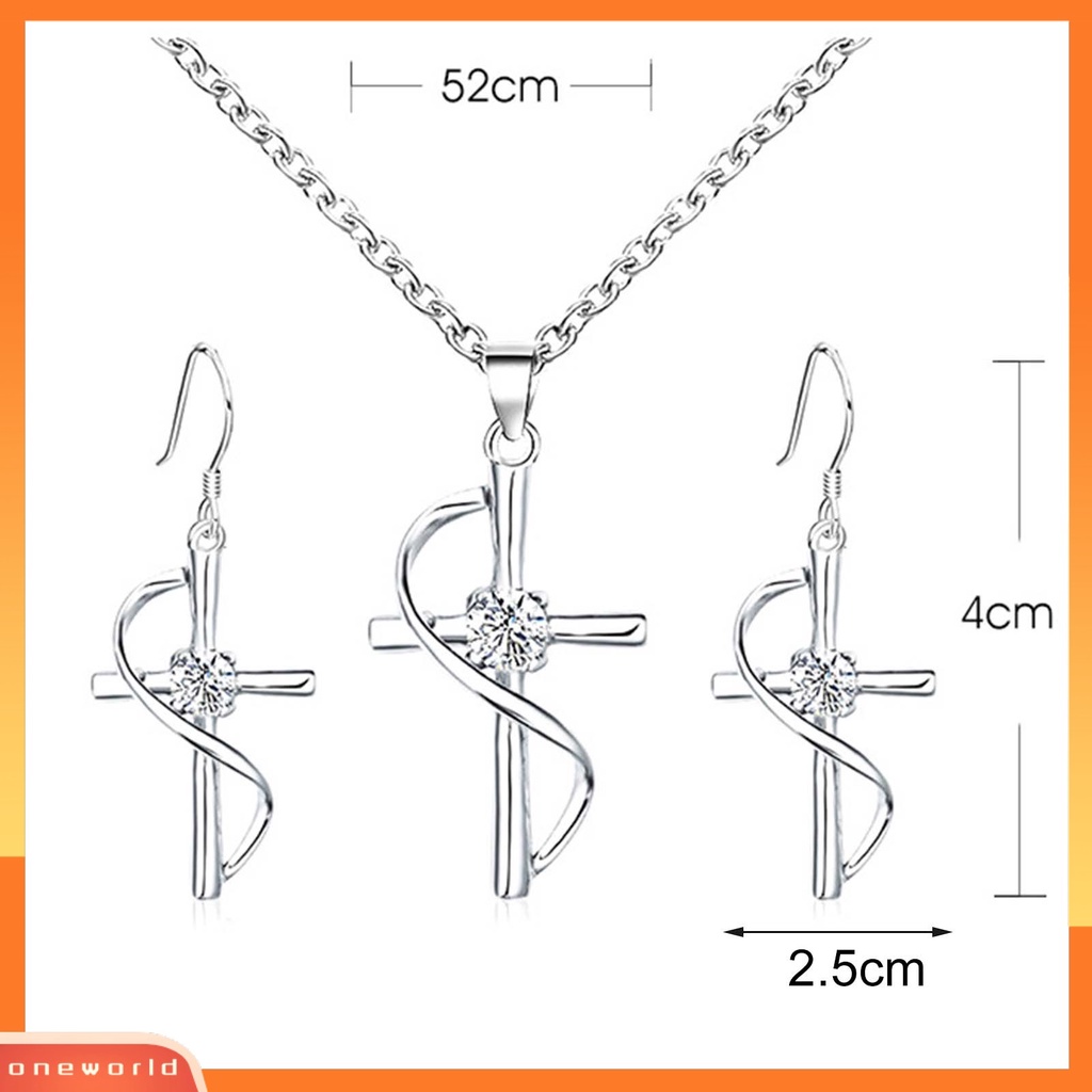 [ONE] Liontin Kalung Salib Kepang Cubic Zirconia Electroplated Ringan Necklace Hook Earrings Untuk Pernikahan