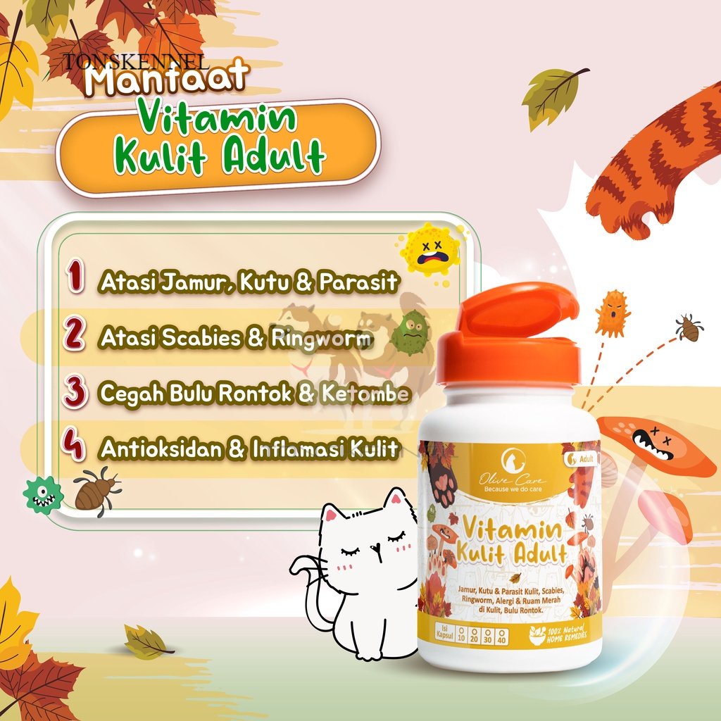 Olive Care Vitamin Kucing MASALAH KULIT DEWASA untuk Bulu Rontok, Jamur, Kutu, Scabies, Ringworm, Ruam dan Radang Kulit