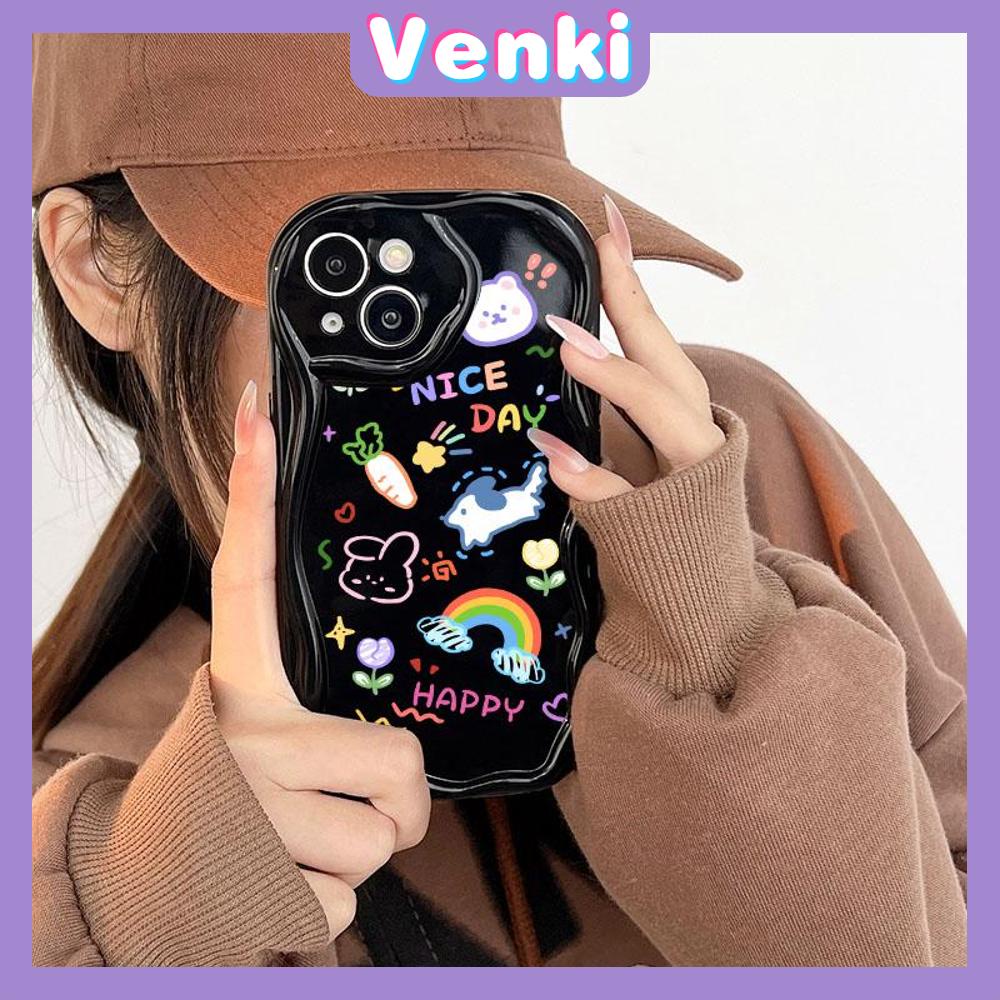 VENKI - Untuk iPhone 11 Case Tepi Melengkung Gelombang Case Glossy Hitam TPU Airbag Shockproof Kamera Case Kreatif Lucu Ikon Kecil Kompatibel dengan iPhone 14 13 Pro max 12 Pro Max xr xs 7 8