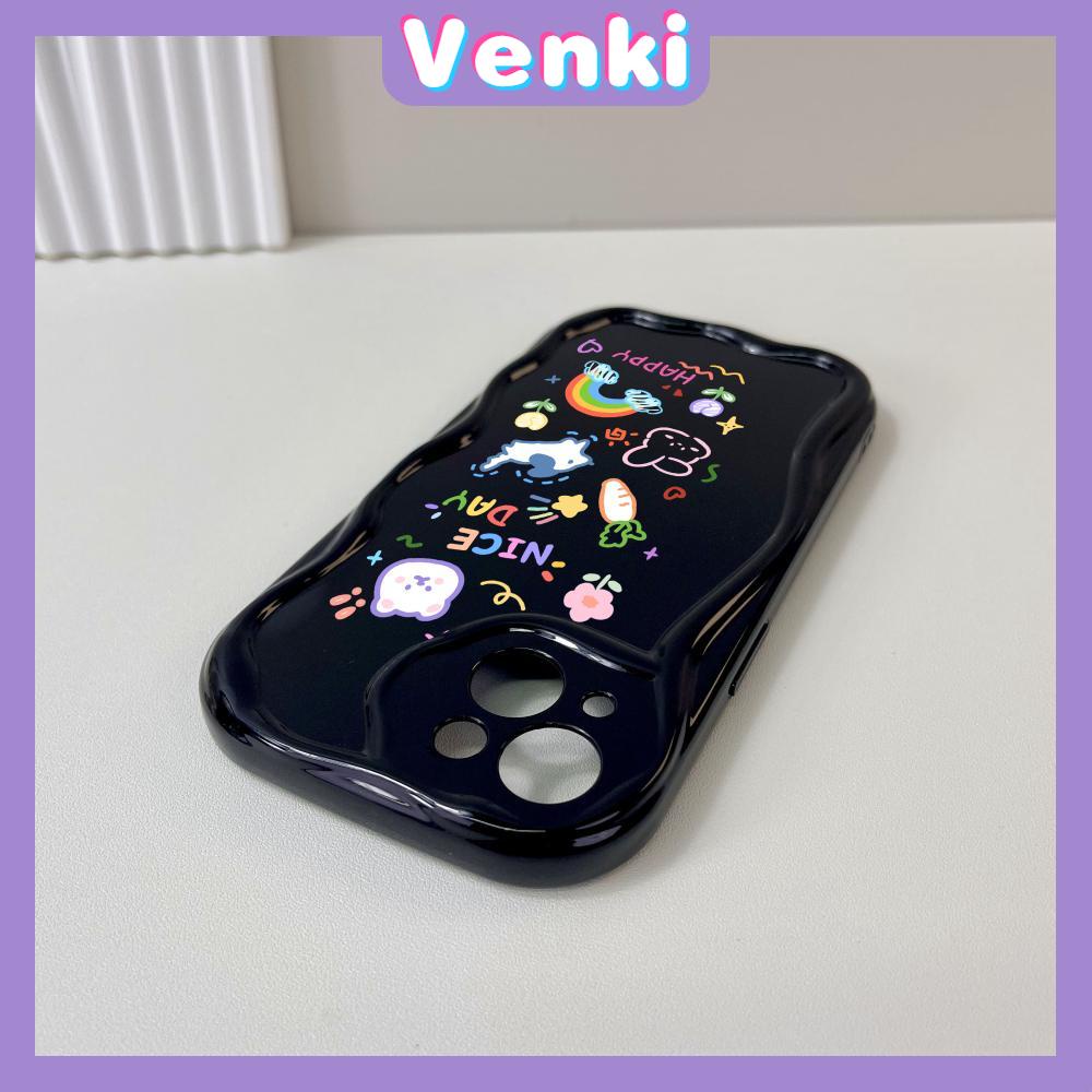 VENKI - Untuk iPhone 11 Case Tepi Melengkung Gelombang Case Glossy Hitam TPU Airbag Shockproof Kamera Case Kreatif Lucu Ikon Kecil Kompatibel dengan iPhone 14 13 Pro max 12 Pro Max xr xs 7 8