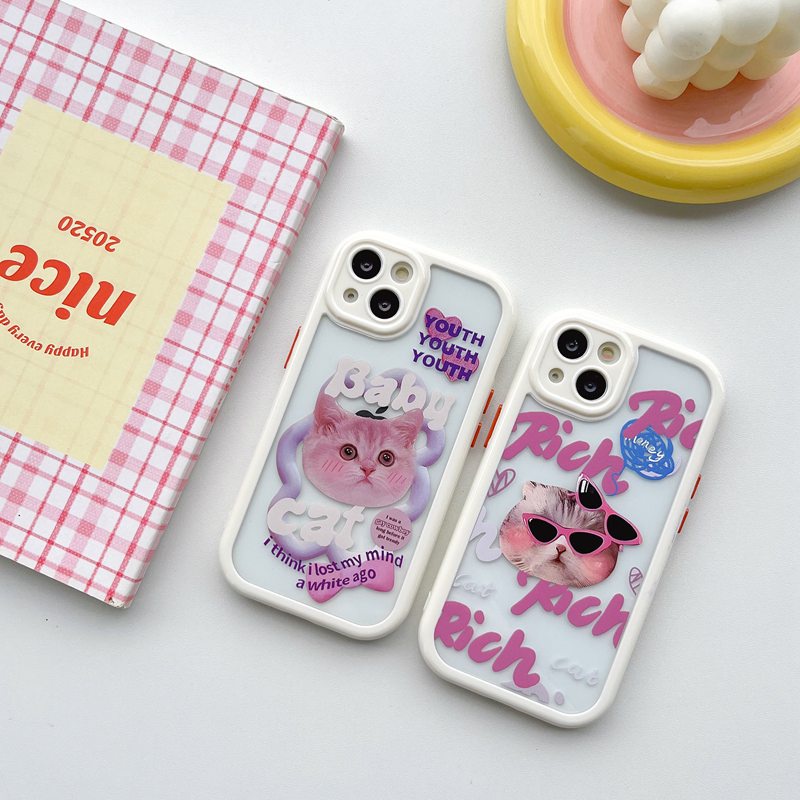 All New Cream Non-slip Camera Protect Soft Case IPhone X XR XS Max 11 12 13 14 Pro Max Women Girl Pretty Cute Glasses Cat Cartoon Phone Case