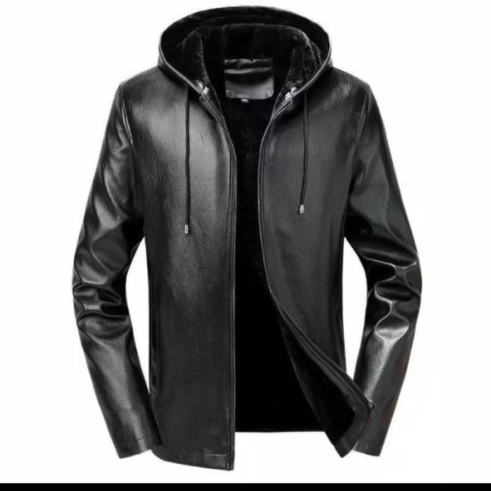Jaket Kulit Casual Kupluk Hitam Polos Jaket Kulit Garut FLO-24