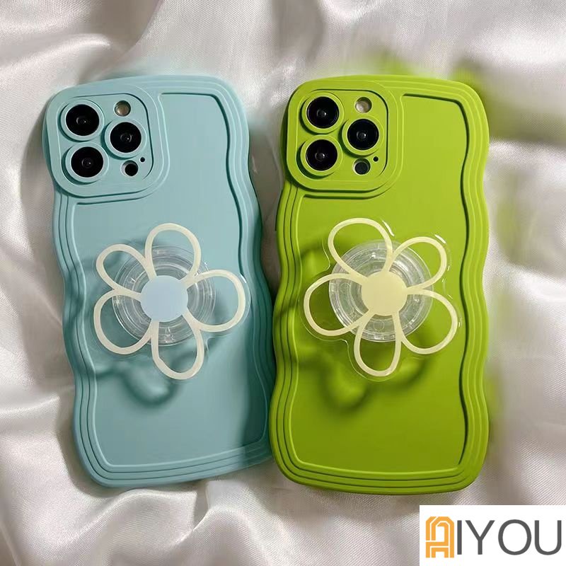 IPHONE Korean Cute Clear Flower Holder Stand Wave Matte Soft Case Untuk Iphone14 13 12 11 Pro Max Lovely Floral Grip Shockproof Cover