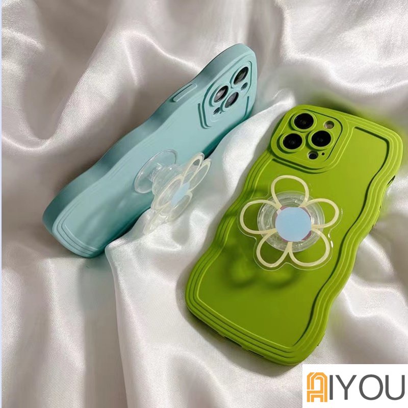 IPHONE Korean Cute Clear Flower Holder Stand Wave Matte Soft Case Untuk Iphone14 13 12 11 Pro Max Lovely Floral Grip Shockproof Cover