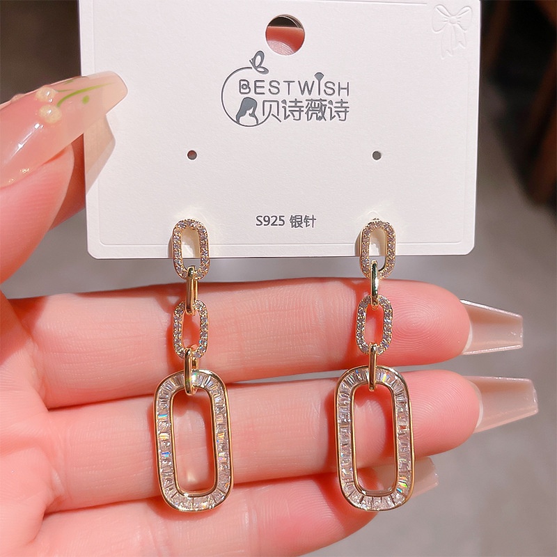 Gaya Korea Micro-set Zirkon Rantai Anting Perak Panjang Pin Stud Earrings Wanita