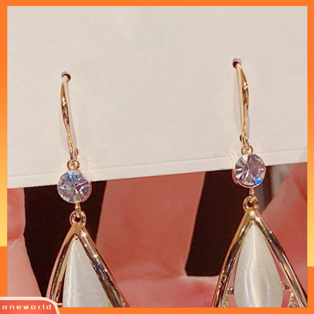 [WOD] 1pasang Berlian Imitasi Shiny Drop Earrings Alloy Faux Opal Belah Ketupat Pendant Hook Earrings Perhiasan Pesta