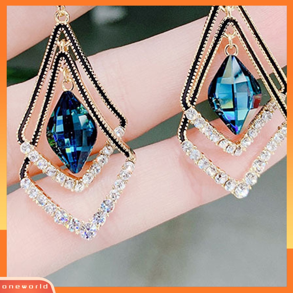 [WOD] 1pasang Anting Wanita Double Layer Belah Ketupat Berlian Imitasi Perhiasan Berkilau Electroplated Hook Earrings Untuk Perjamuan