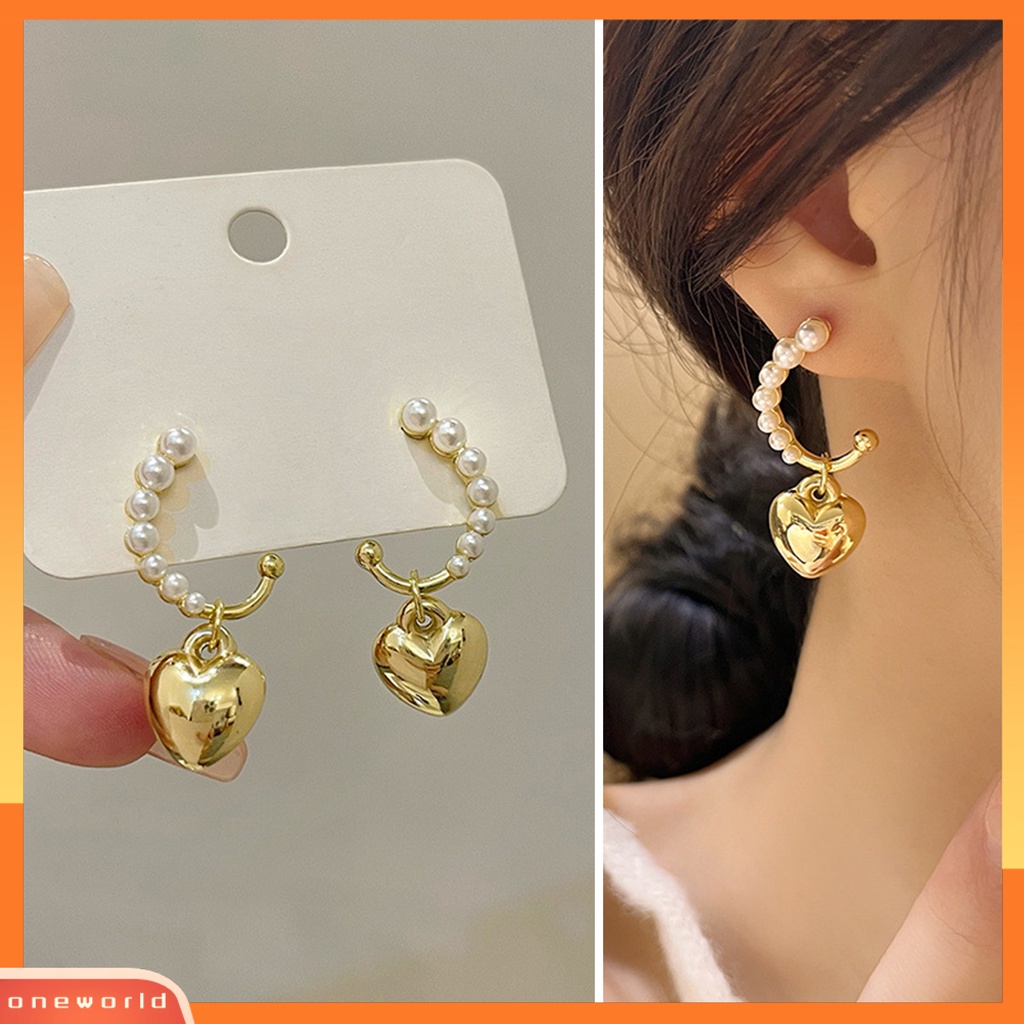 [WOD] 1pasang Drop Earrings Temperamen Elegan Mutiara Imitasi Kilau Terang Geometris Hias Hadiah Wanita Romantis Hati Liontin Stud Earrings Perhiasan Untuk Pakaian Sehari-Hari