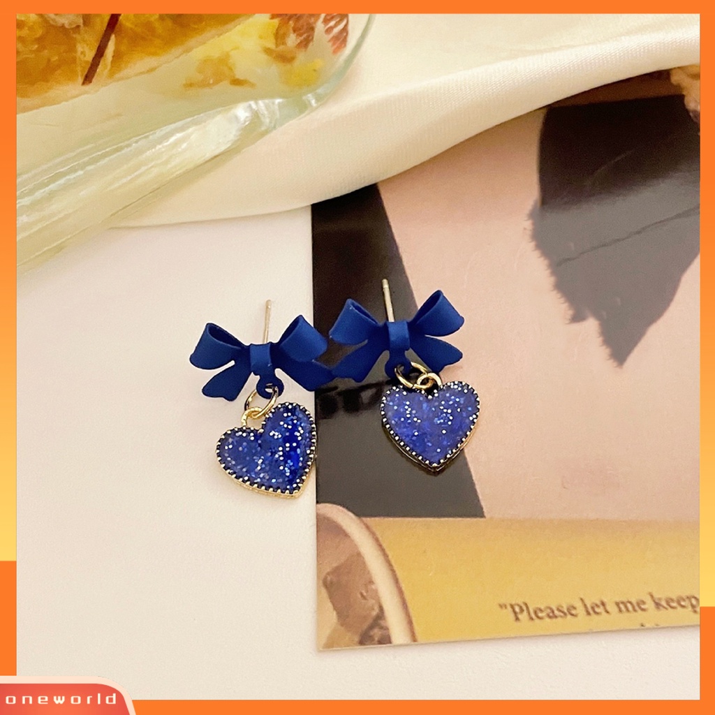 [WOD] 1pasang Drop Earrings Glitter Ikatan Simpul Telinga Dekorasi Warna Biru Langit Temperamen Cinta Hati Hias Berlian Imitasi Earrings Untuk Perjamuan