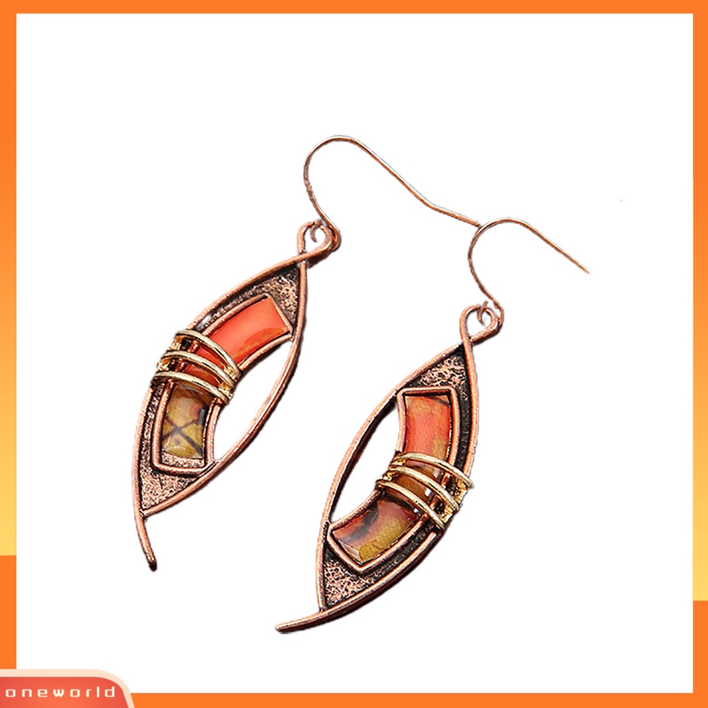 [WOD] 1pasang Orange Batu Tindik Drop Earrings Kulit-Menyentuh Patchwork Warna Berongga Asimetris Kait Anting Perhiasan Aksesoris