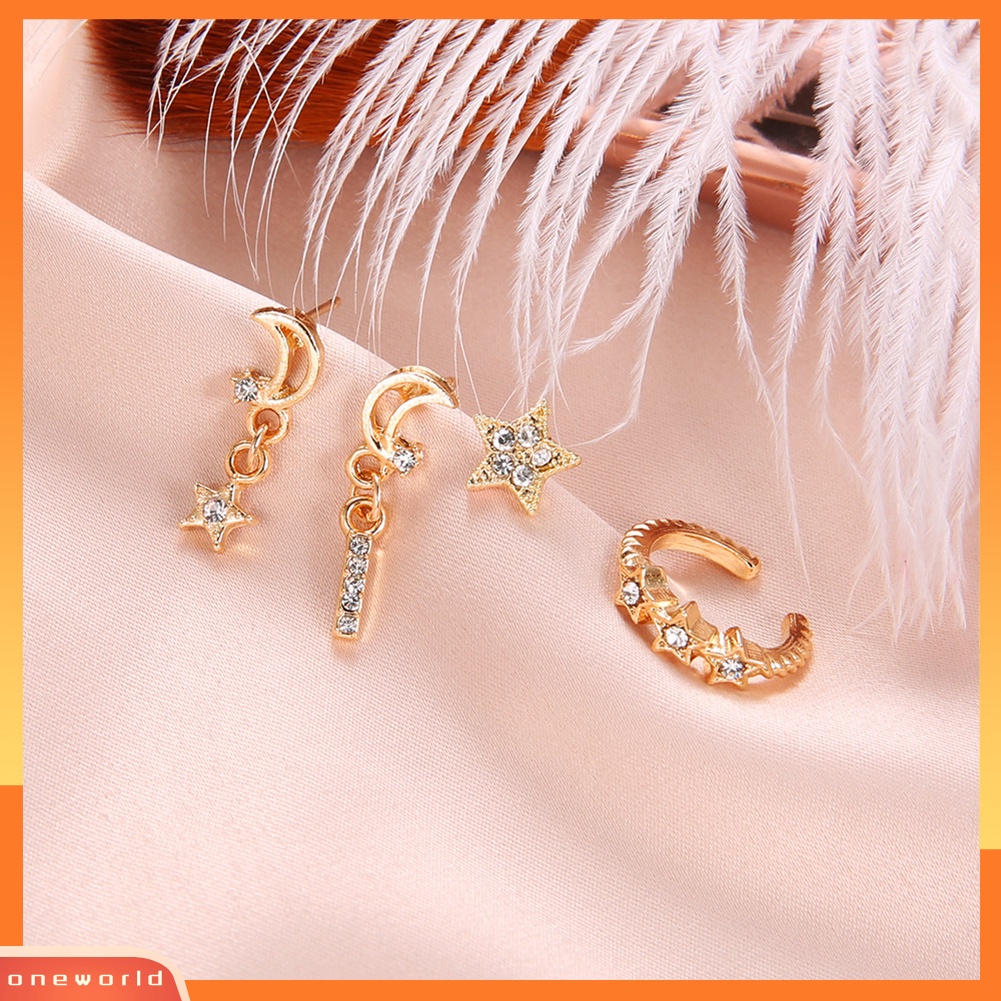 [WOD] 4pcs/set Bohemian Berongga Bulan Bintang Persegi Panjang Pesona Berlian Imitasi Telinga Stud Earrings