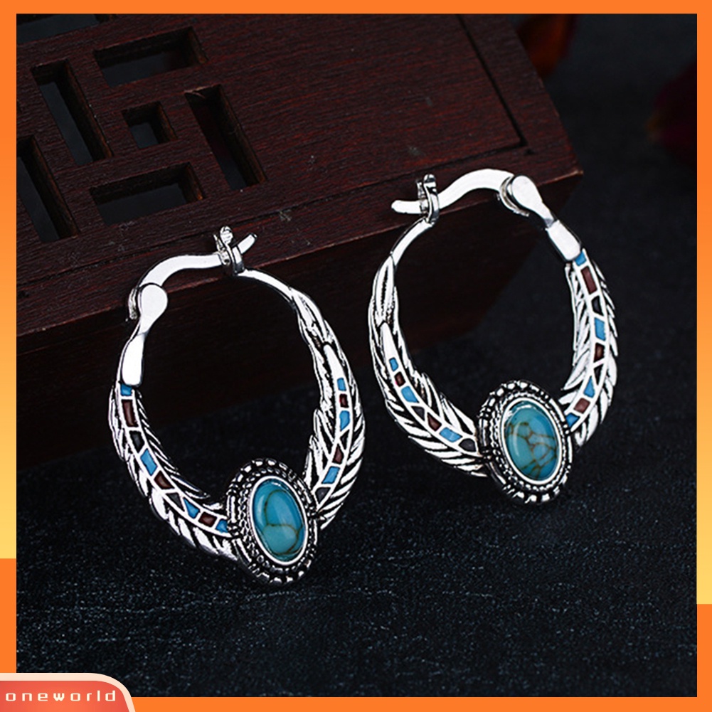 [WOD] Bohemian Wanita Faux Turquoise Eagle Feather Ukir Huggie Anting Perhiasan Decor