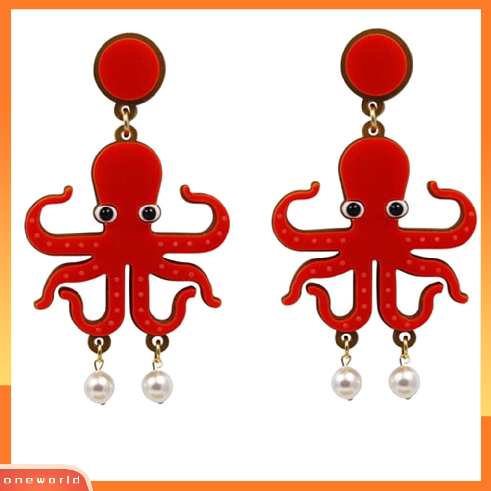 [WOD] Kreatif Lady Akrilik Lobster Gurita Mutiara Imitasi Liontin Statement Stud Earrings