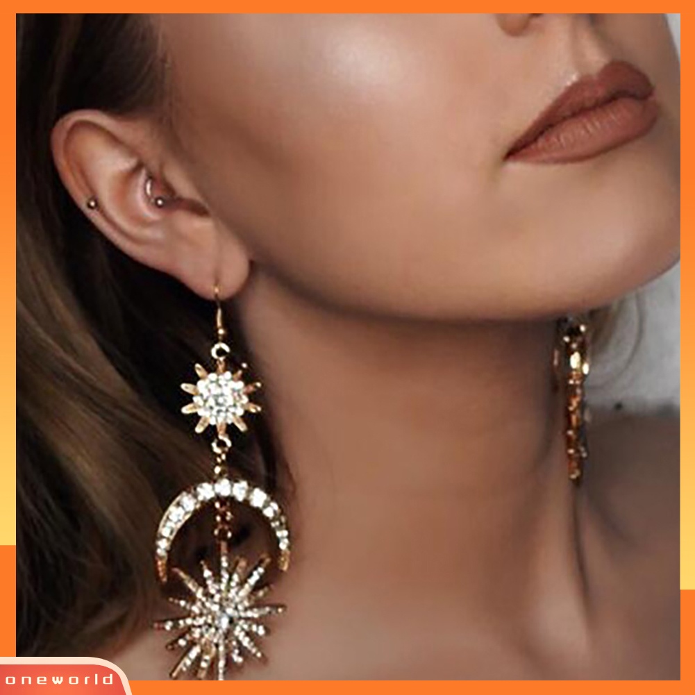 [WOD] Mewah Matahari Bulan Drop Anting Berlian Imitasi Mengkilap Ear Hook Boho Statement Jewelry