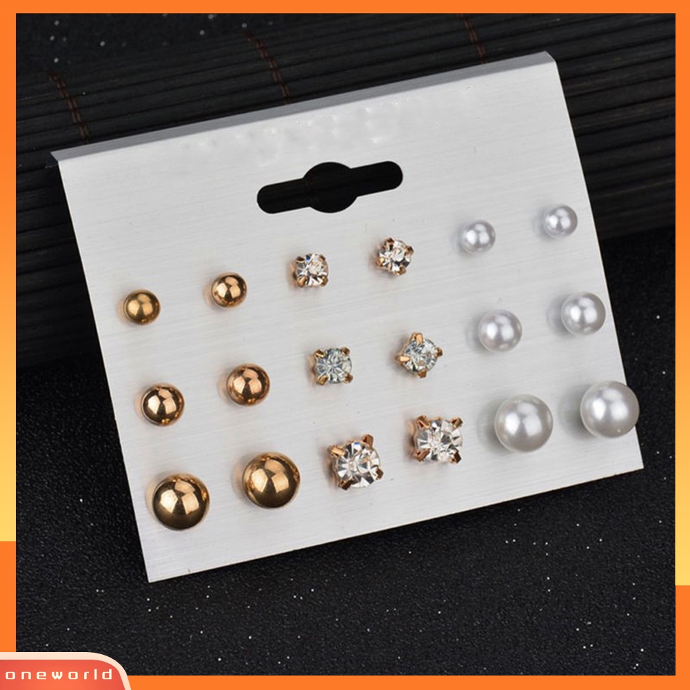 [WOD] 6 /9 /12Pasang Fashion Wanita Berlian Imitasi Mutiara Imitasi Ear Studs Earrings Set Hadiah