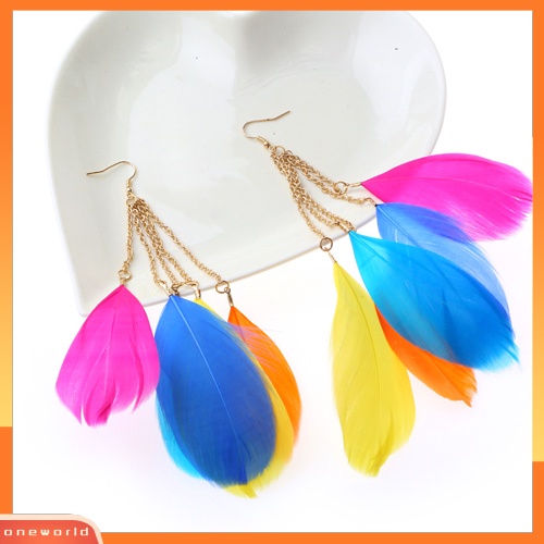 [WOD] Lady Bohemian Warna Kontras Handmade Bulu Panjang Menjuntai Eardrops Anting Kait