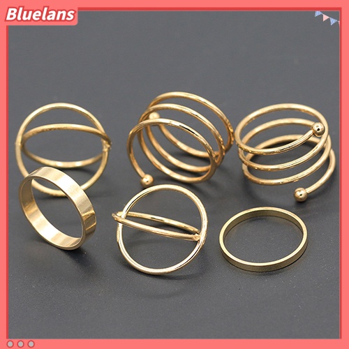 [BLS] 6pcs /Set Wanita Golden Tone Stack Polos Slim Band Midi Ring Spiral Knuckle Rings