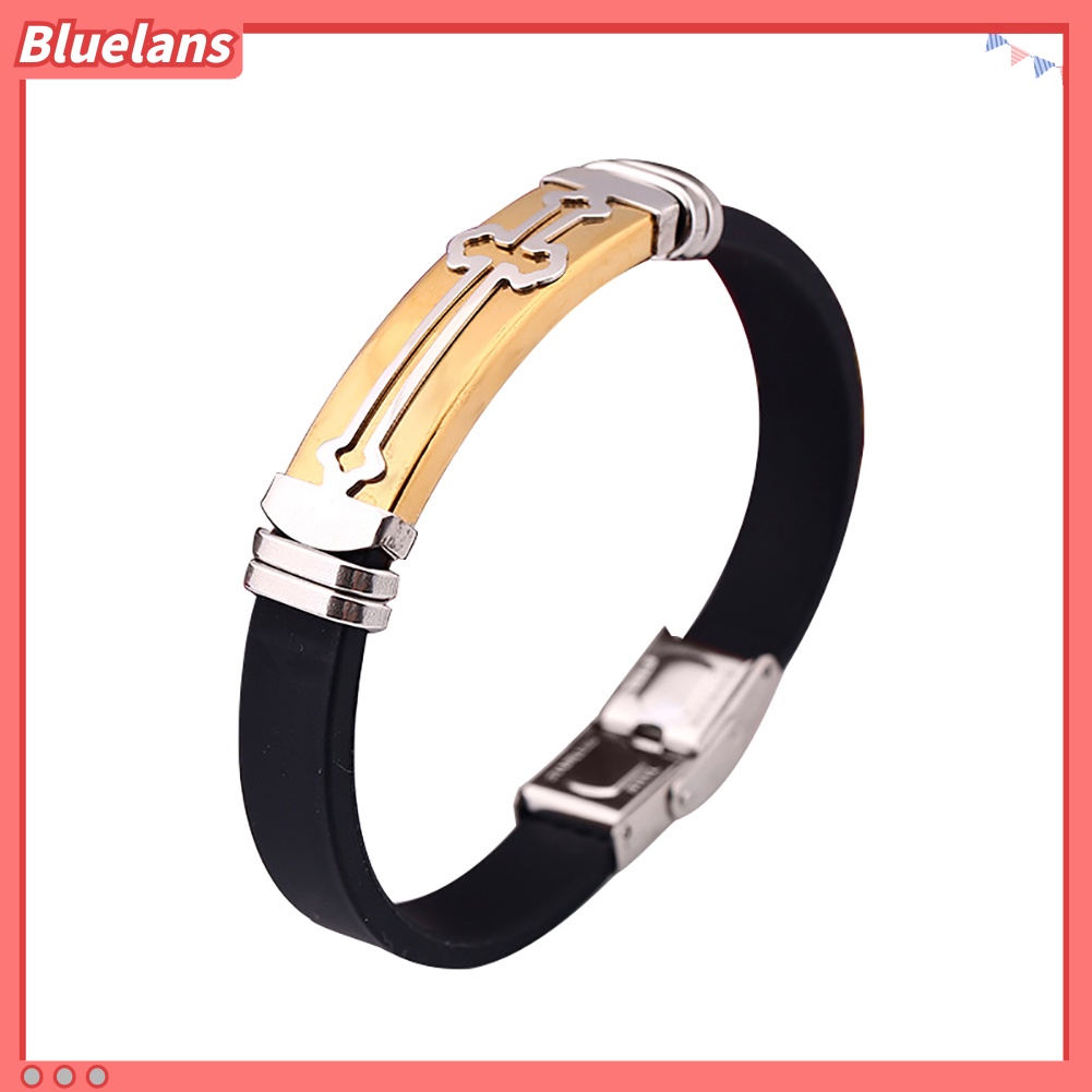 [BLS] Fashion Motif Salib Logam Silikon Band Pria Wrist Decor Gelang Bangle