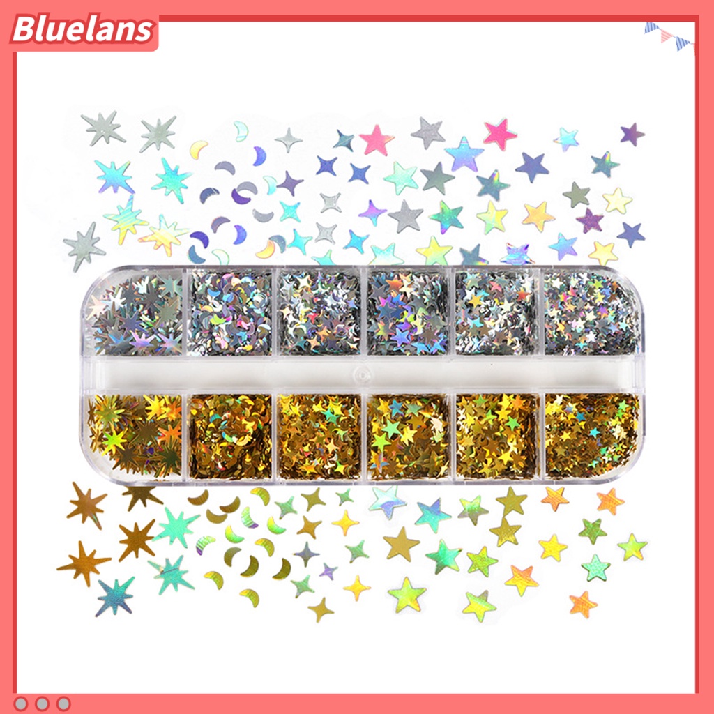[BLM] 1kotak Payet Kuku Berkilau Bentuk Kreatif Efek Visual Mengkilap Ultra-Tipis Tidak Luntur 12kisi Gaya Bulan Bintang Glitter Flakes Ornamen Untuk Salon Kuku