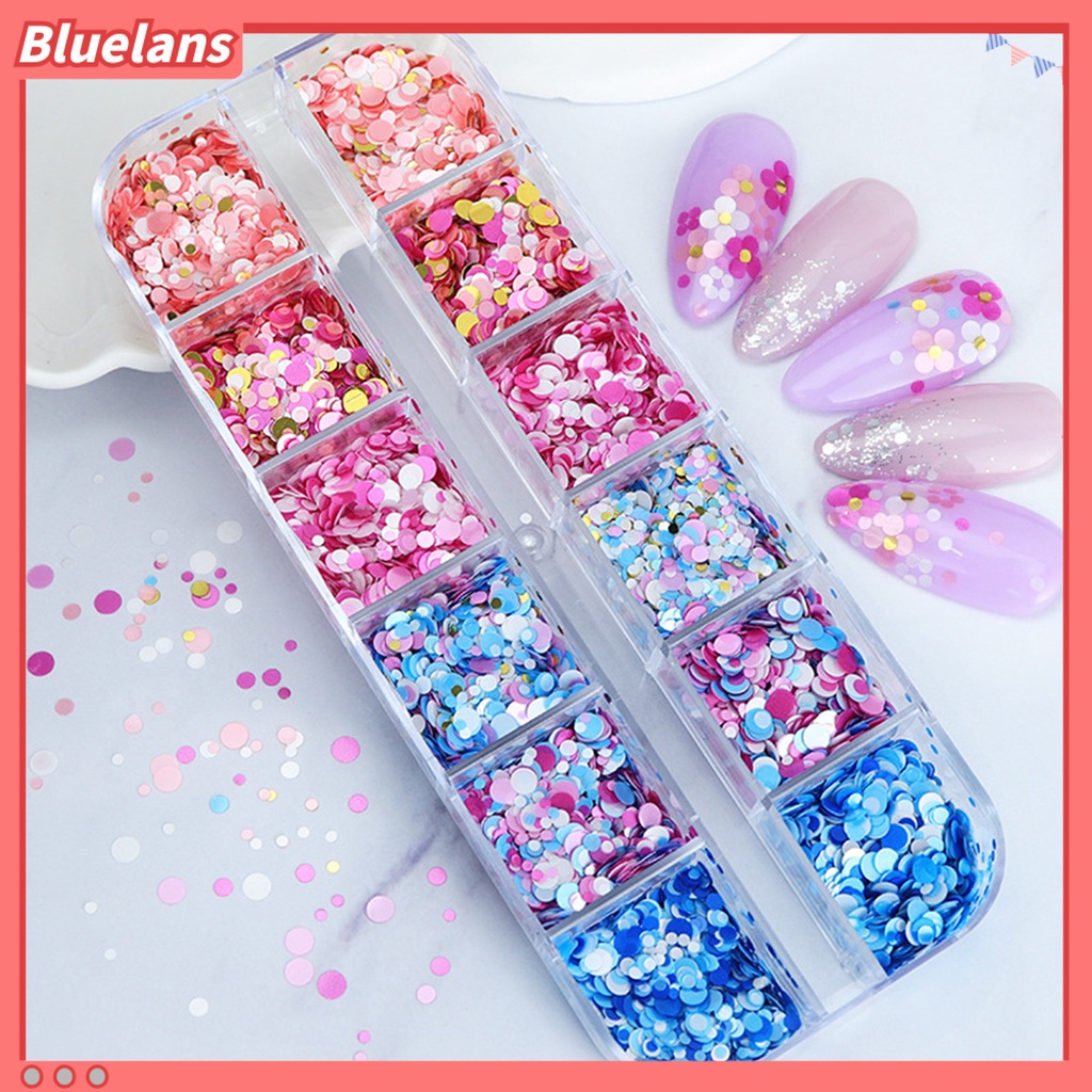 [BLM] 1kotak Nail Art Payet Bersinar Berkilau Mempesona DIY Multicolor 12kisi Mix Ukuran Kuku Bulat Payet Serpihan Manicure Store Supply