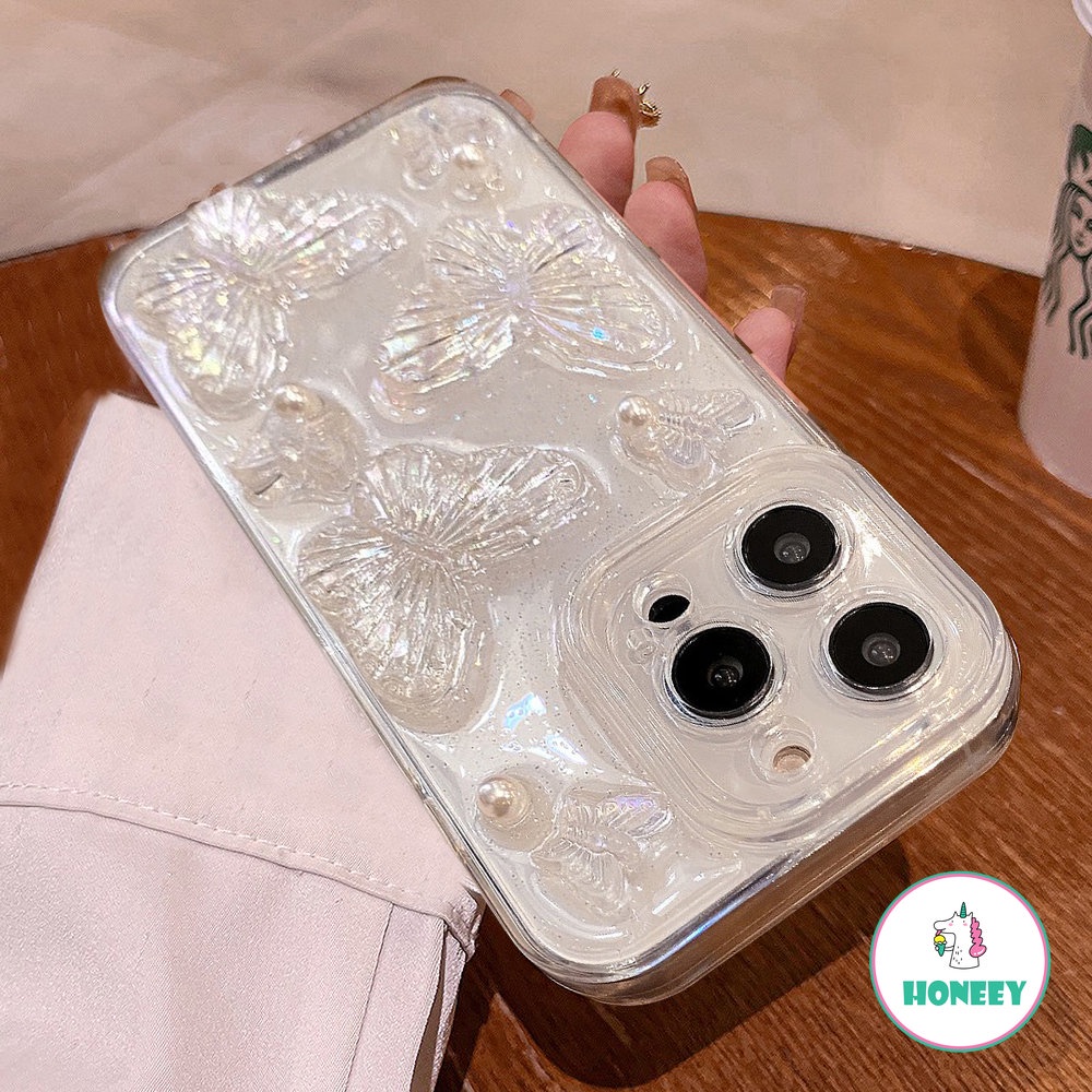 IPHONE Lucu 3D Busur Mutiara Kupu-Kupu Bening Casing Ponsel Untuk Iphone14 13 12 11 Pro Max XS Max XR X7 8plus Lensa Glitter Dilindungi Lembut Shockproof Cover