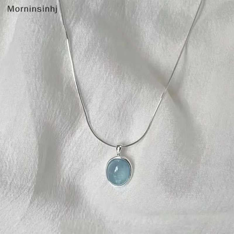 Mornin Fashion Warna Silver Blue Moonstone Aquamarine Kalung Desain Unik Oval Rantai Klavikula Kristal Untuk Teman Wanita Perhiasan Hadiah id