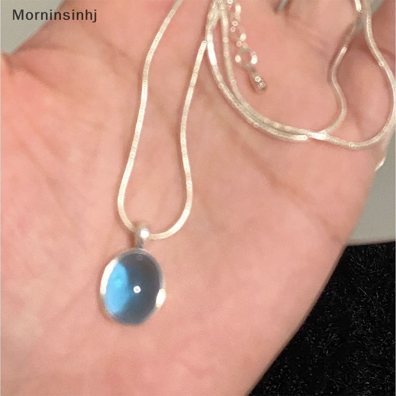 Mornin Fashion Warna Silver Blue Moonstone Aquamarine Kalung Desain Unik Oval Rantai Klavikula Kristal Untuk Teman Wanita Perhiasan Hadiah id