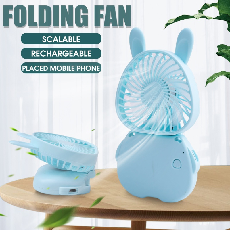 Kipas Genggam Bentuk Kelinci Dengan Lanyard Leher Gantung/ USB Rechargeable Foldable Desktop Mini Cooling Fan