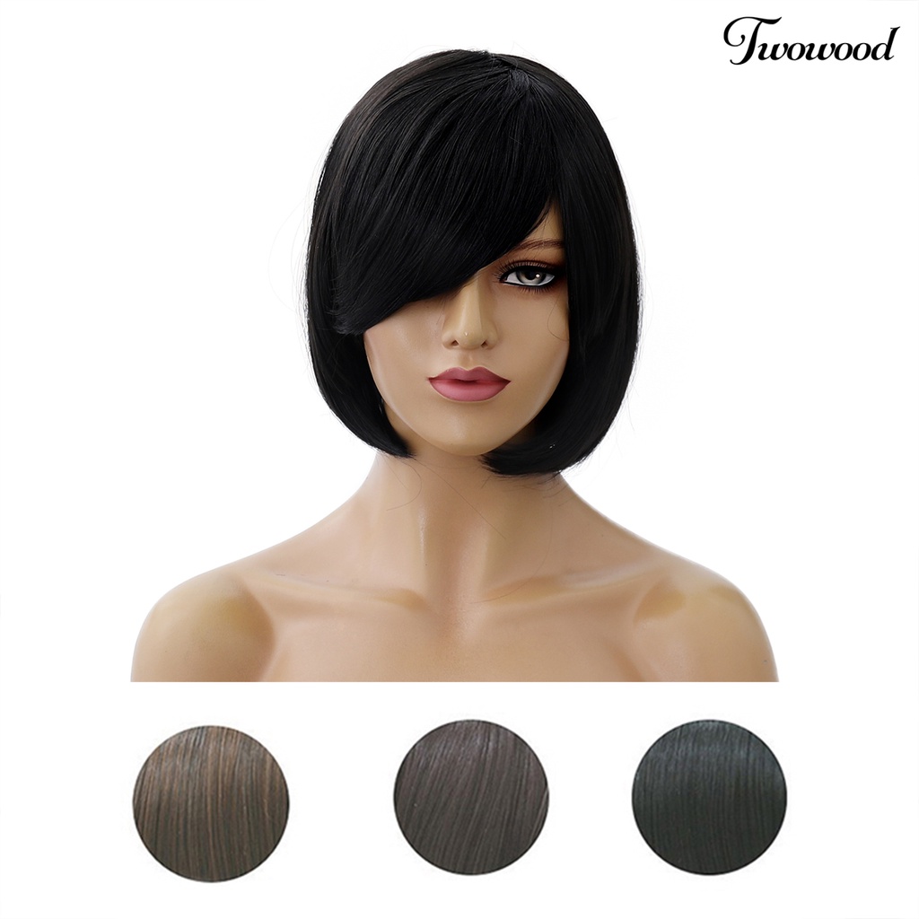 Twowood Wanita Fashion Miring Frisette Pendek Hitam Lurus Pesta Cosplay Rambut Ekstensi Wig