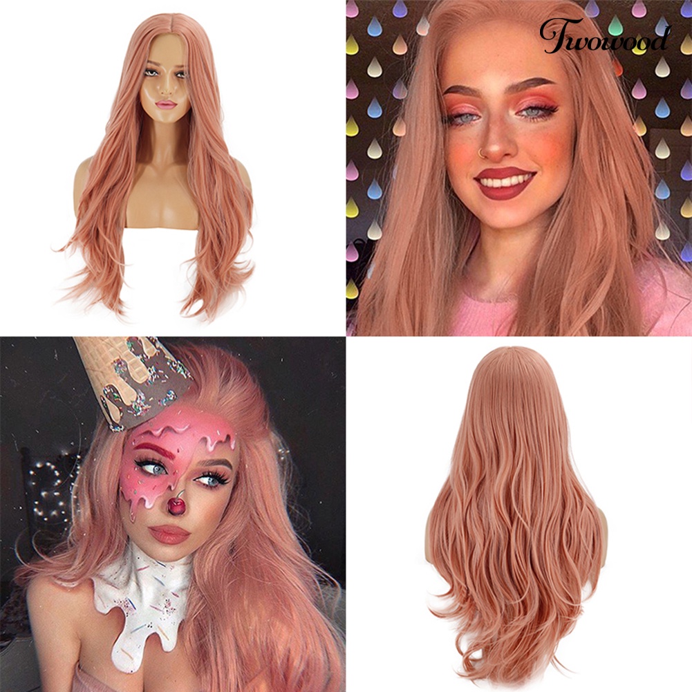 Twowood Wanita Tahan Panas Panjang Keriting Rambut Orange Pink Pesta Wig Ekstensi Sopak