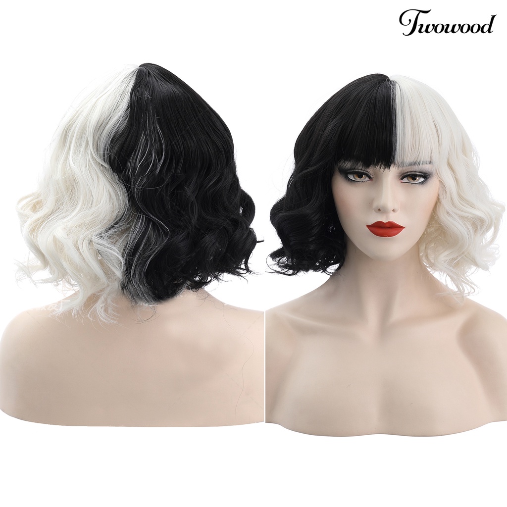 Twowood Cruella Wig Vivid Styles Wavy Serat Suhu Tinggi Setengah Hitam Kecil Pendek Keriting Karena Wig Alat Cosplay