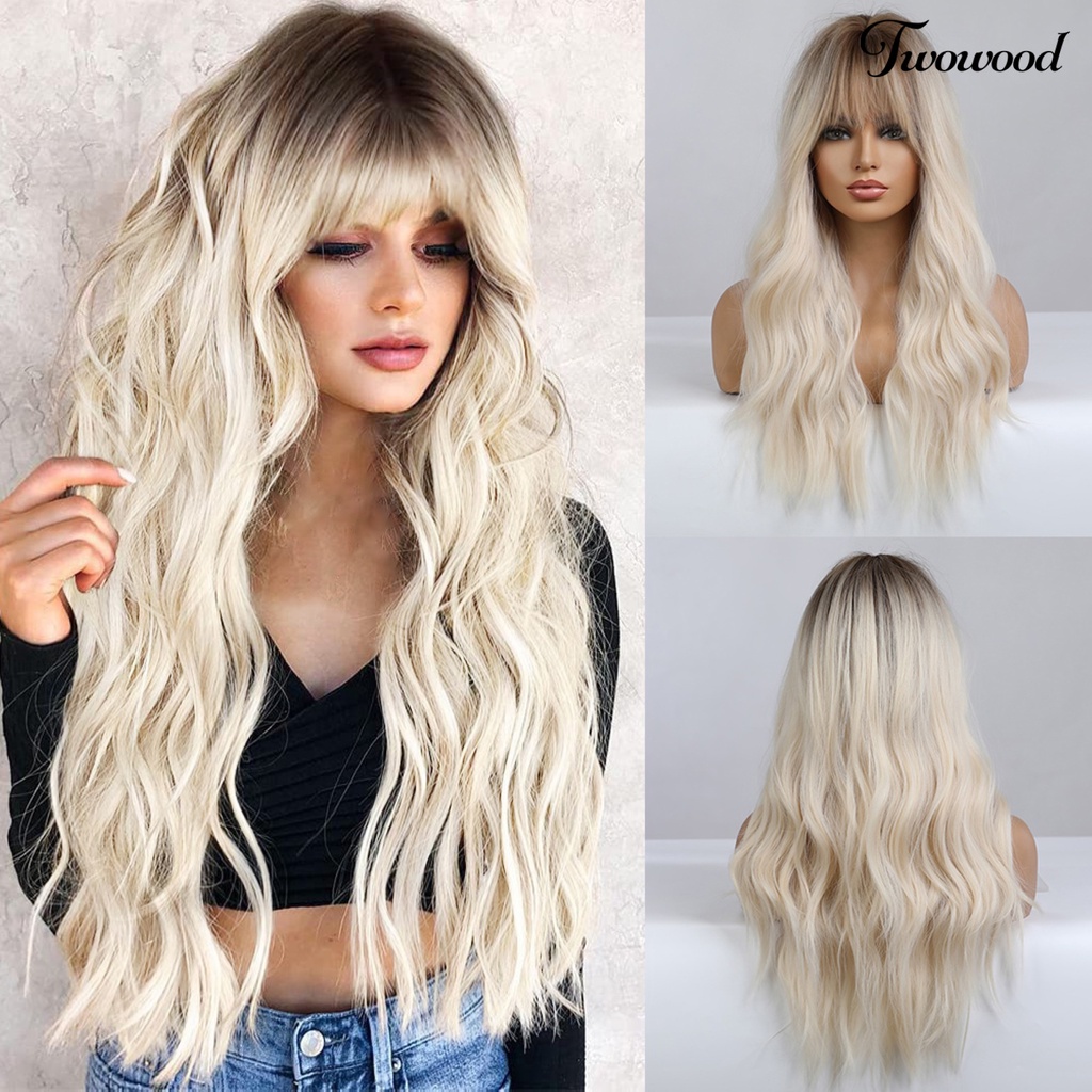 Twowood Wig Gelombang Panjang Efek Gradien Ekstensi Rambut Ringan Wanita Tahan Panas Wig Cosplay Serat Warna-Warni Untuk Perempuan