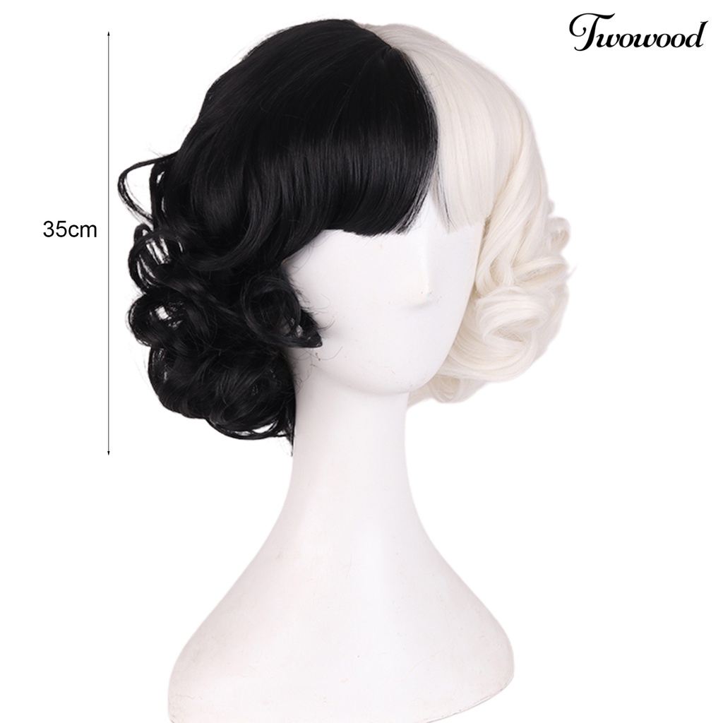 Twowood Cruella Wig Vivid Styles Wavy Skin-Friendly Deville Cosplay Wig Curly Half White Black Wig Untuk Perempuan