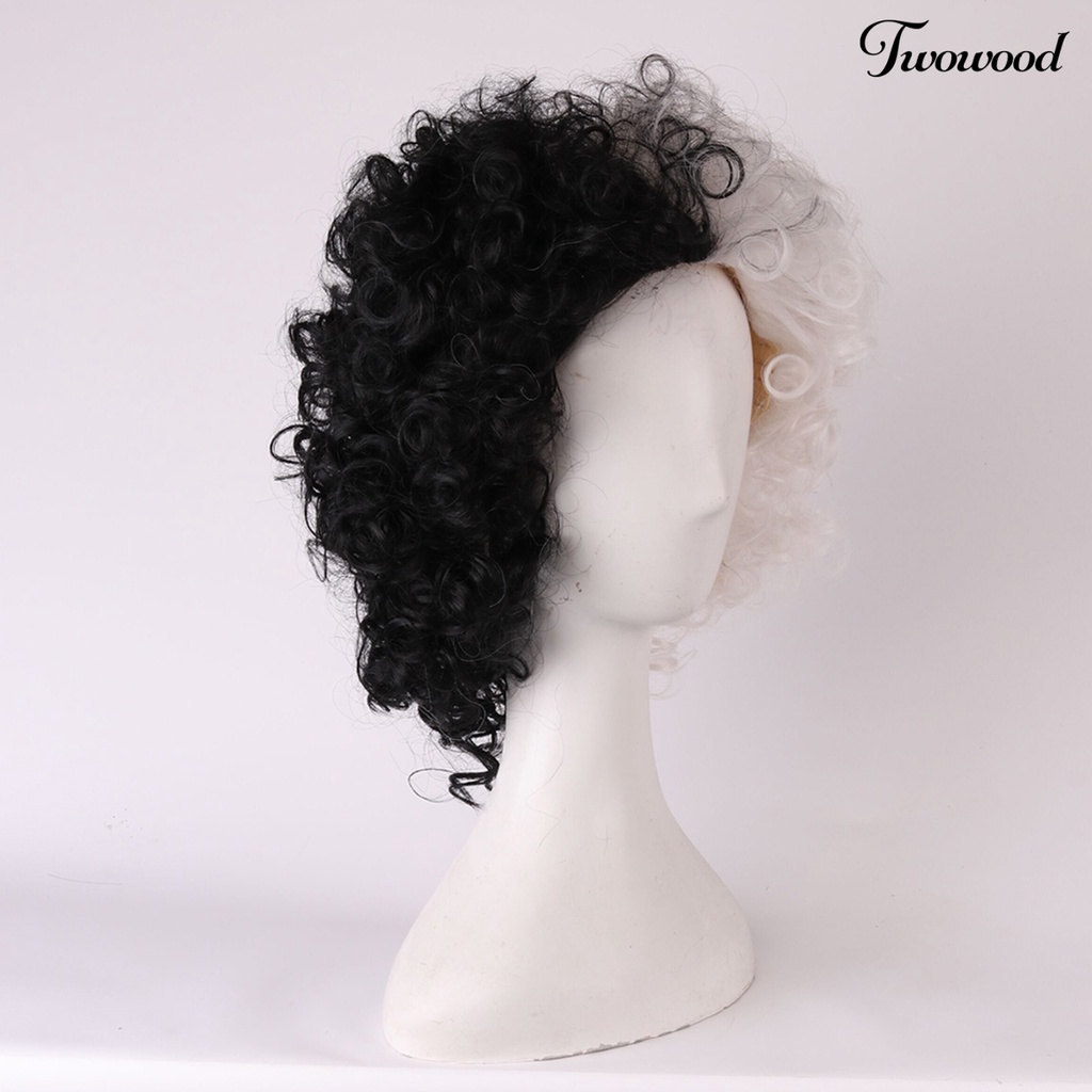 Twowood Cruella Wig Vivid Styles Wavy Skin-Friendly Deville Cosplay Wig Curly Half White Black Wig Untuk Perempuan