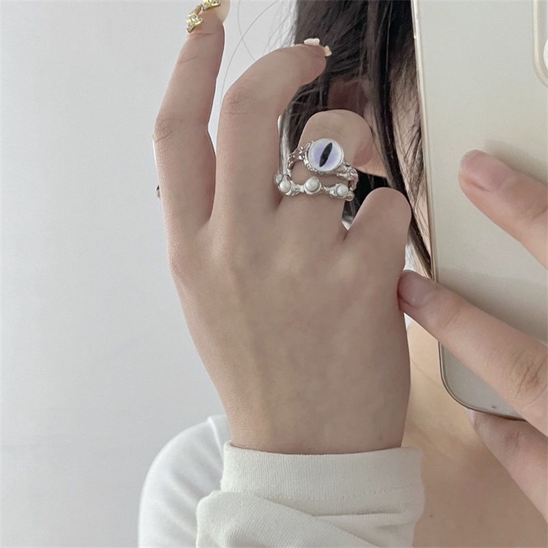 Retro Punk Mata Kucing Cincin Mutiara Pribadi Moonstone Cincin Adjustable Terbuka Jari Cincin Hip Hop Berlebihan Batu Permata Perhiasan Wanita Gadis Aksesoris Fashion