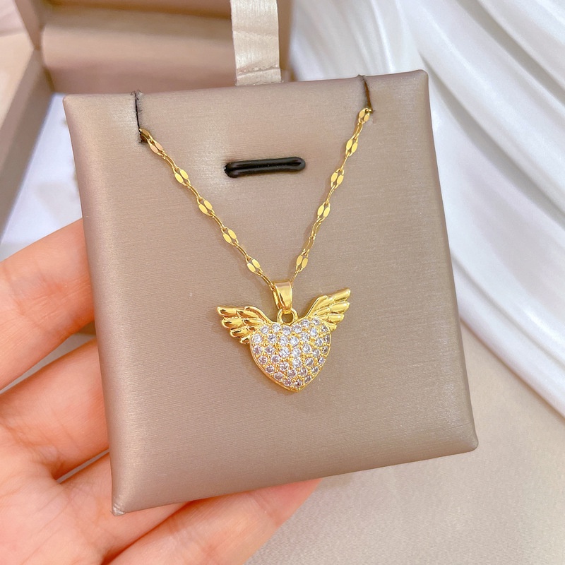 Indah Fashion Wanita Korea Zirkon Cinta Sayap Malaikat Liontin  Emas Asli Kadar 375 Kalung Hadiah Pacar XL-23033