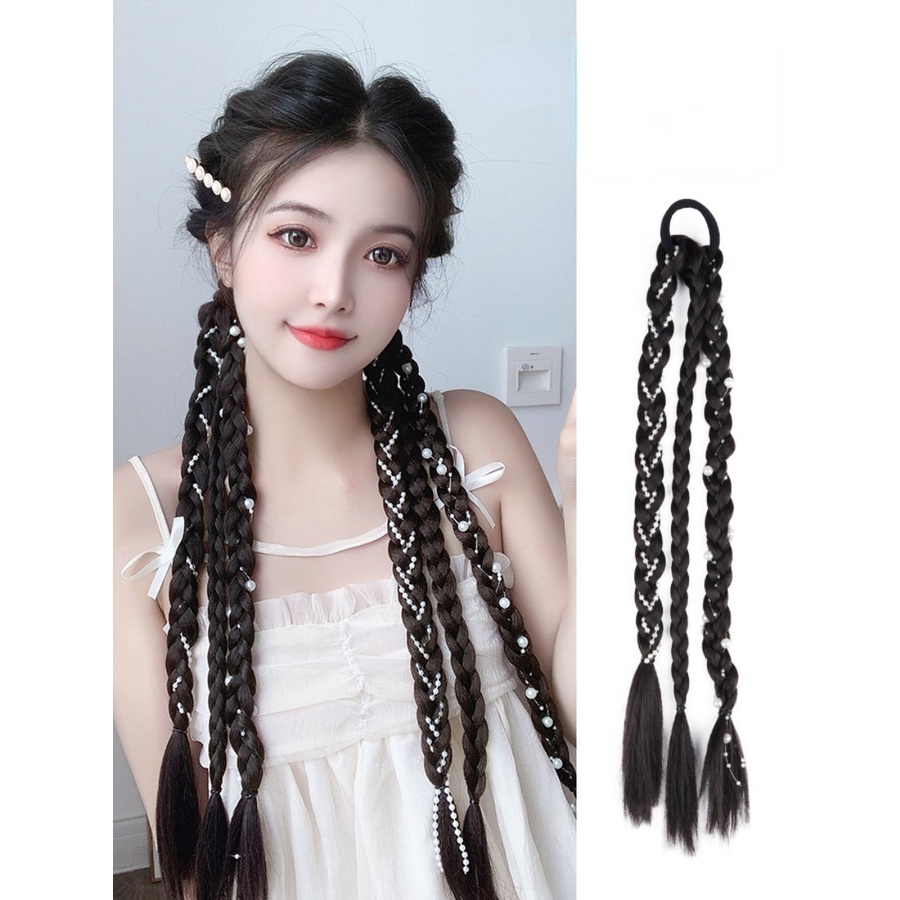 44 cm Panjang Wig Kepang Ikat Rambut Mutiara Rantai Wig Rambut Tali Kreatif Gaya Rambut Band Aksesoris Rambut Untuk Wanita