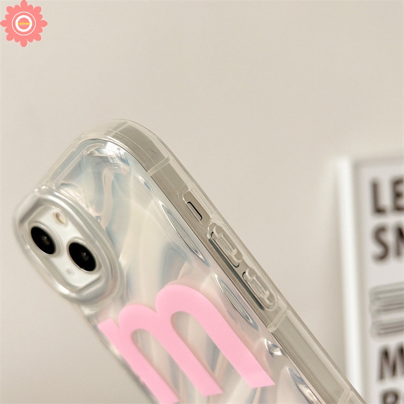 Casing Kerut Stereo Simple Huruf M 3D Kompatibel Untuk IPhone 7Plus XR 11 13 12 14 Pro MAX X XS Max7 8 6 6S Plus Se2020Pita Pink Busur Soft Cover Dengan Stiker Hati Berlian