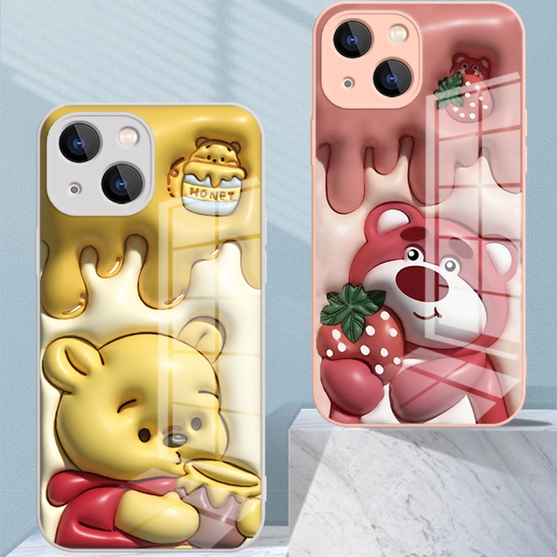 IPHONE Casing Keras Kaca Beruang Strawberry Kartun Datar 3D Cocok Untuk Iphone14 13 12 11 Pro Max Cat Metalik Anime Winnie Bear Print Pelindung Case