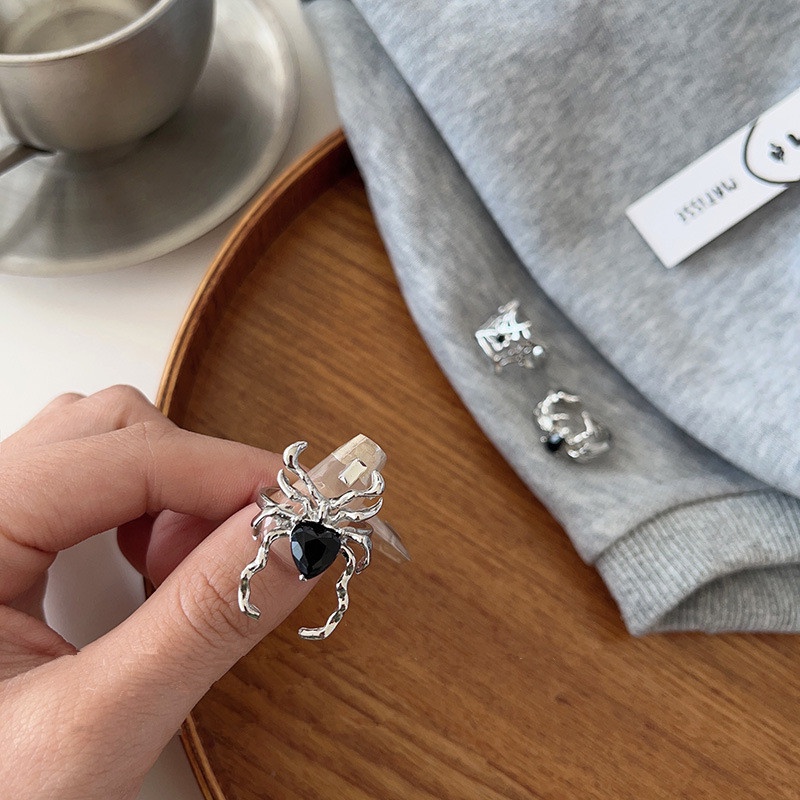 Gothic Irregular Spider Web Zirkon Jari Cincin/ Wanita Hitam Kristal Punk Gelap Hewan Terbuka Rings/ Hadiah Perhiasan Pesta Yang Dapat Disesuaikan