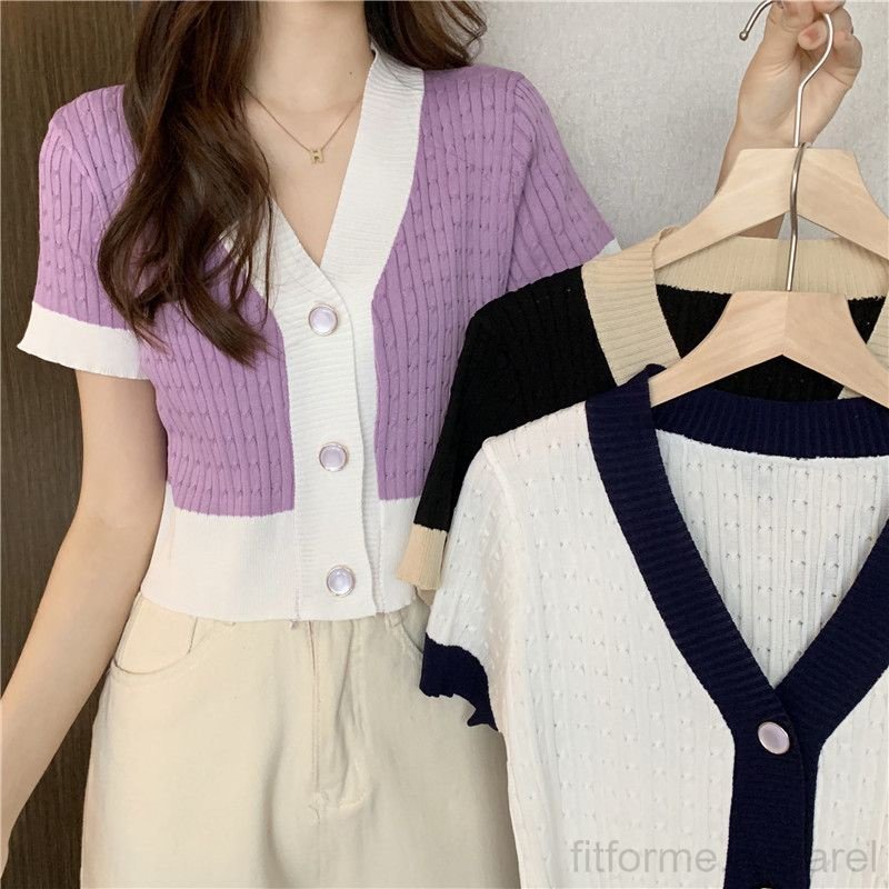 Atasan Wanita Korea Rompi Kancing Rajut Woman Knitted Vest Sweater Short Top Tide Retro V-Neck DL-16