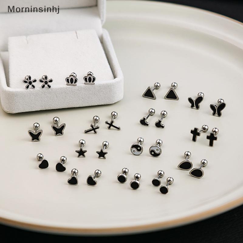 Mornin Anting Tusuk Silver Hitam Hati Bintang Bulat Kecil Untuk Wanita Ear Studs Jewelry id